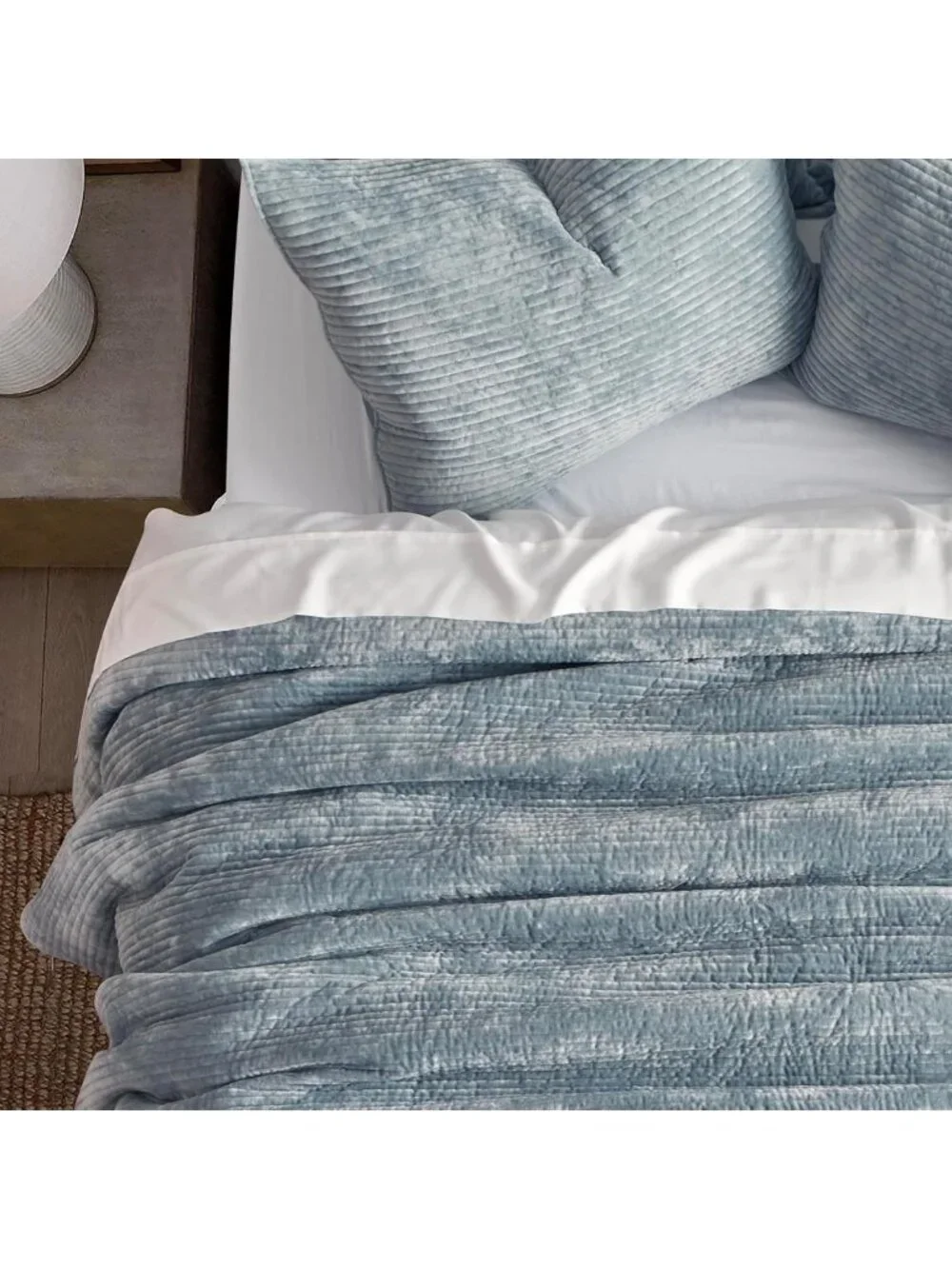 Queen Size Striped Velvet Quilt Set - Soft Blue Linen Bedding for Cozy Comfort